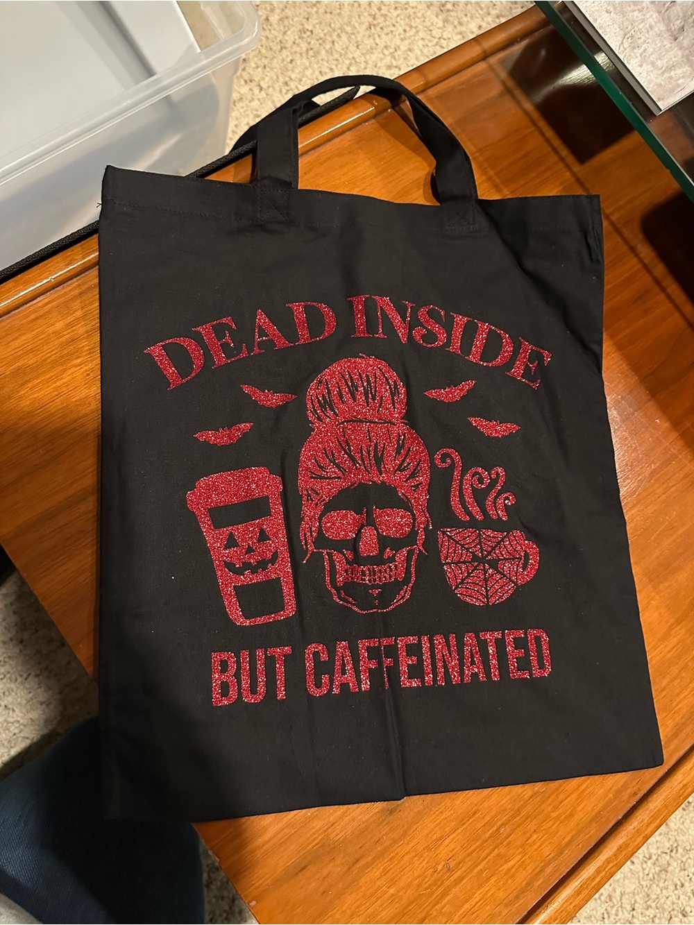 Dead Inside But Caffeinated Black Tote Bag with Red Glitter Print